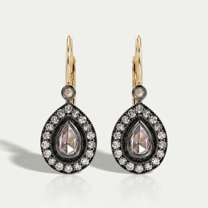 Rose Cut Pear Halo Diamond Dangle Earrings
