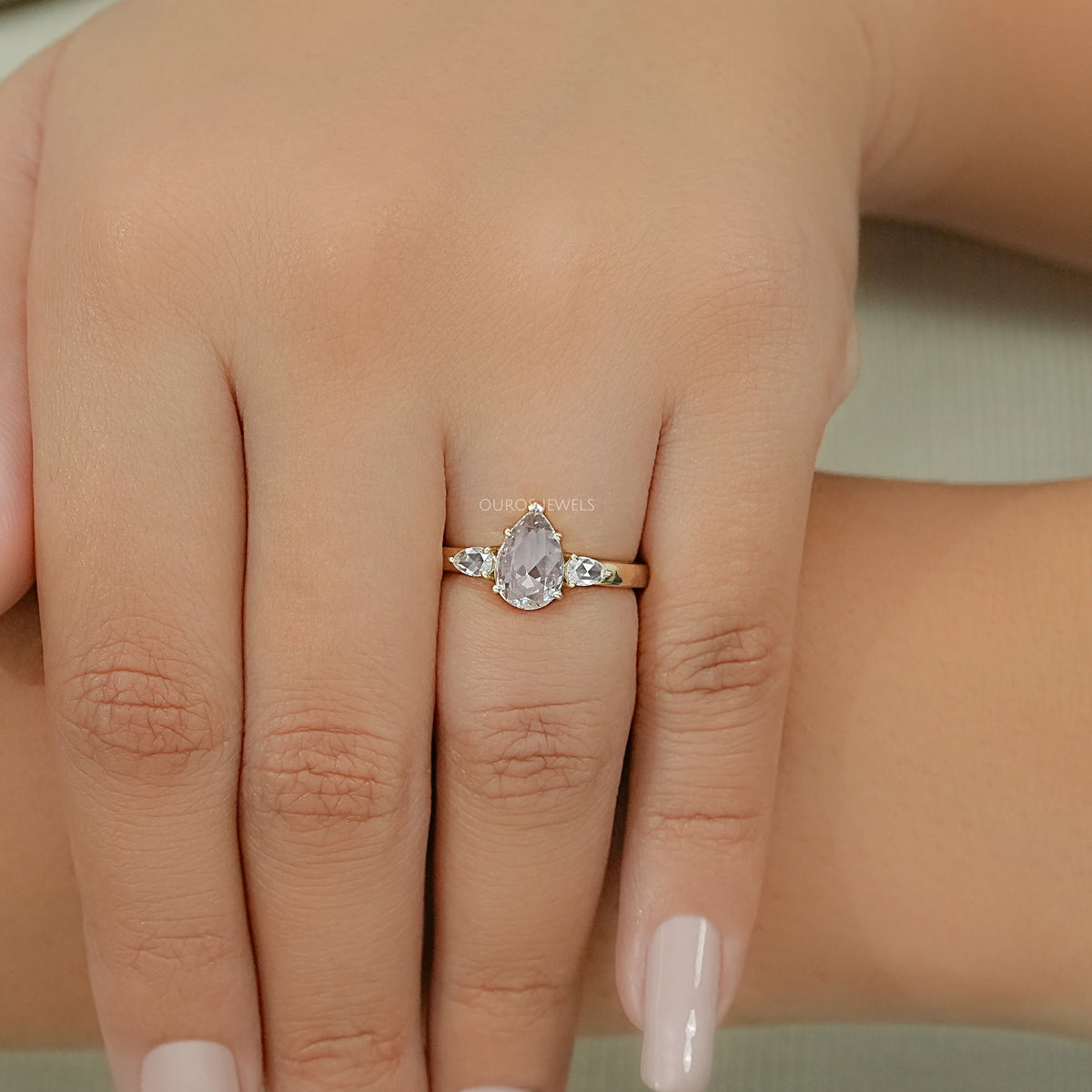 Three Stone Rose Cut Pear Diamond Engagement Ring