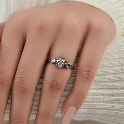Rose Cut Round And Pear Diamond Engagement Ring