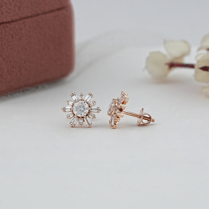 Round & Tapered Baguette Diamond  Stud Earrings