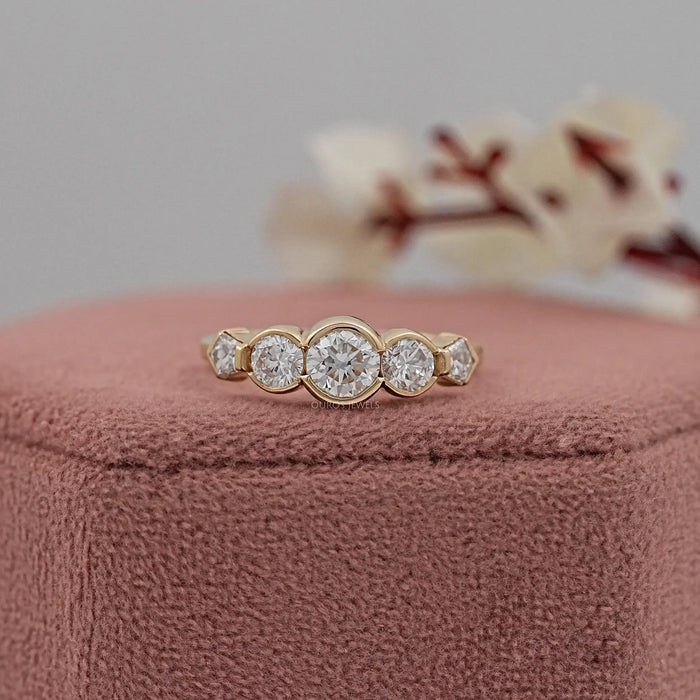 Five Stone Round And Pentagon Diamond Bezel Set Ring