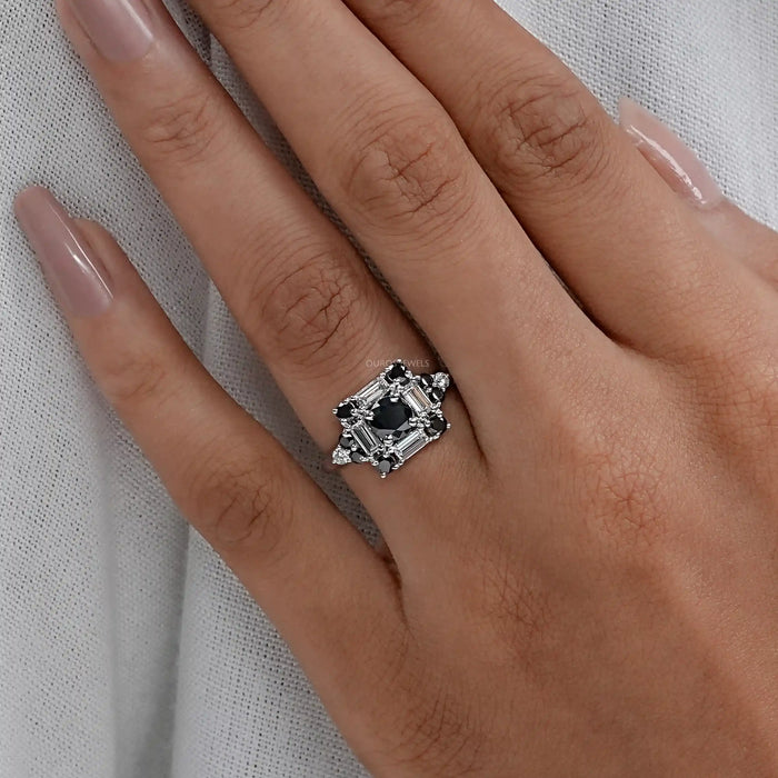 Art Deco Baguette Cut Halo Round Diamond Ring