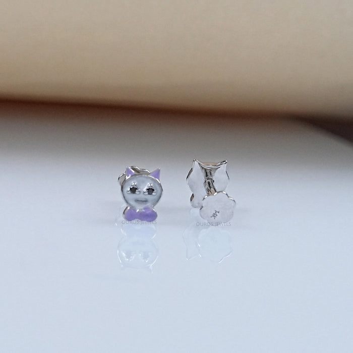Enamel Cat Shape Black Diamond Stud Earrings