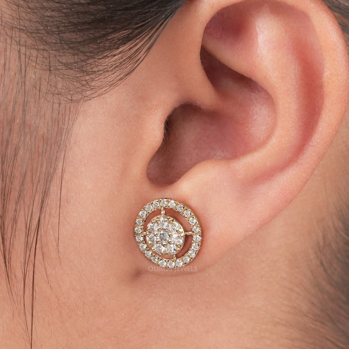 round shape cluster diamond halo open circle stud earrings push back on ear