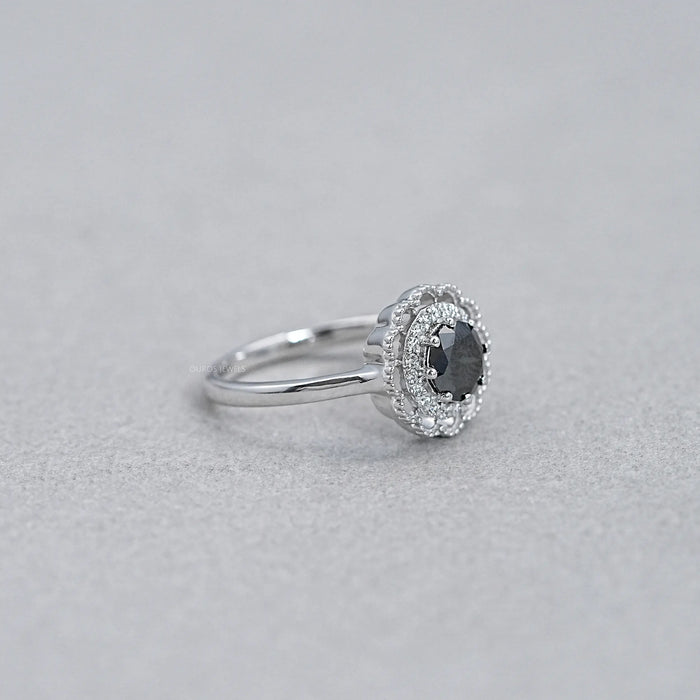 Round Black Diamond Double Halo Engagement Ring