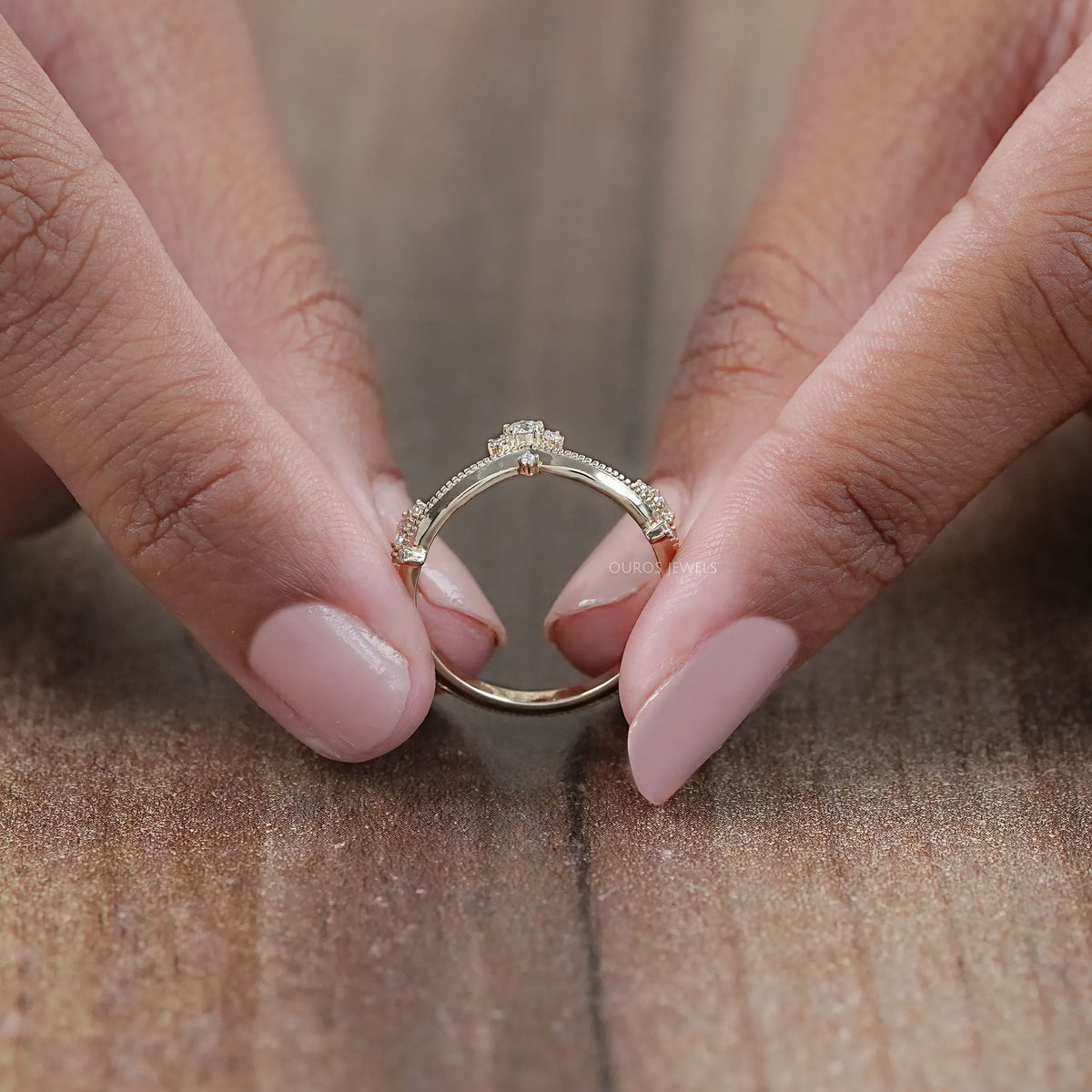 Crown Style Round Cut Lab Diamond Chevron Band Rings
