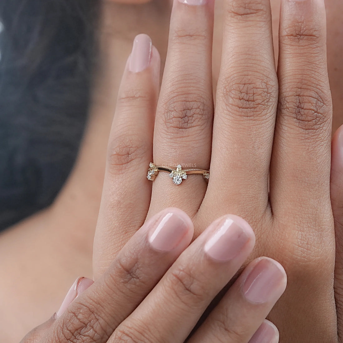 Crown Style Round Cut Lab Diamond Chevron Band Rings