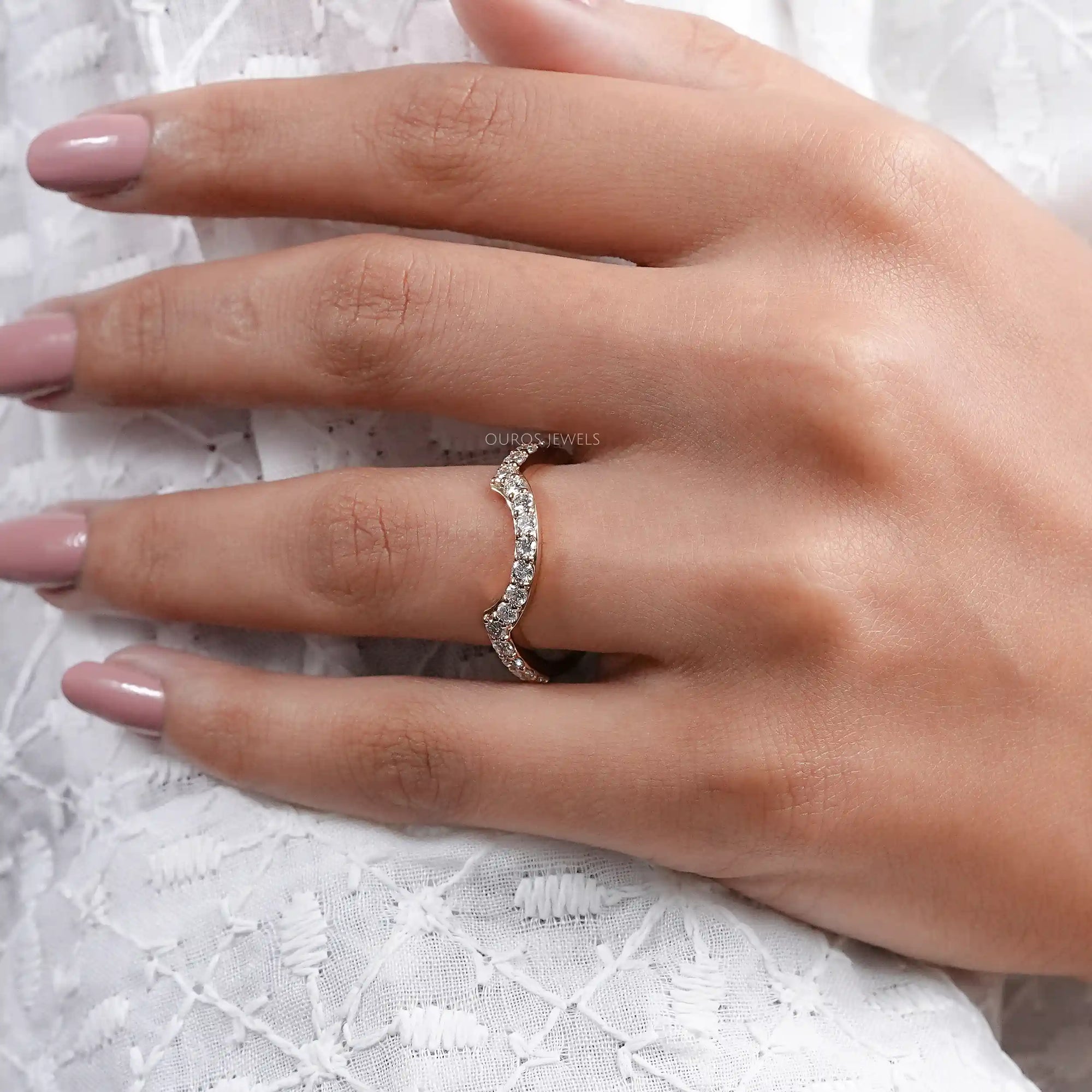 Pave Set Round Cut Diamond Deep Curved Wedding Band Rings
