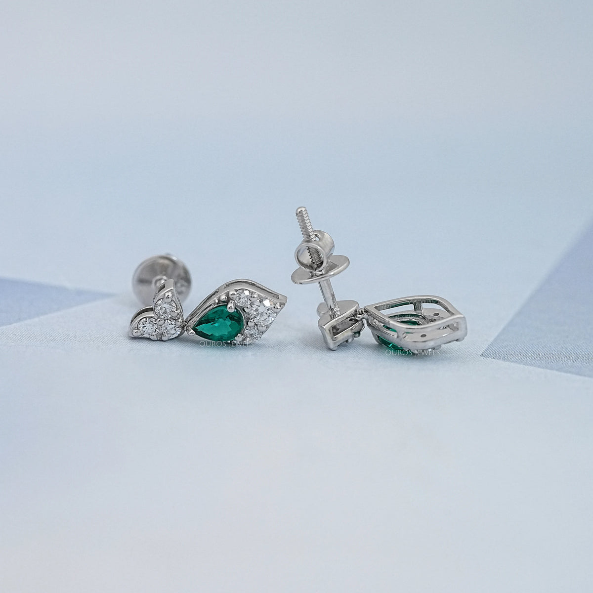 Green Pear And Round Diamond Drop Earrings