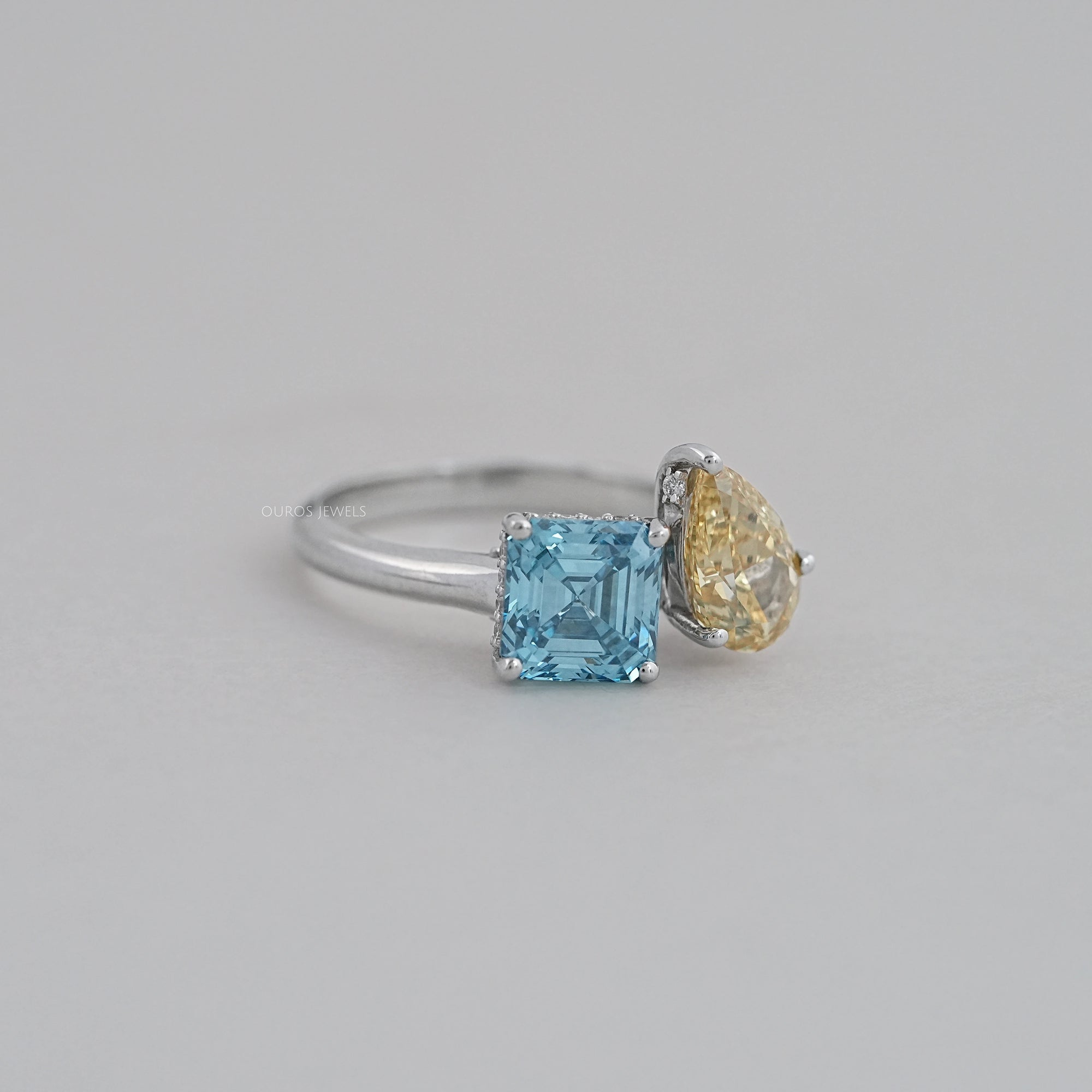 Asscher and Pear Toi Et Moi With Hidden Halo Ring Ring
