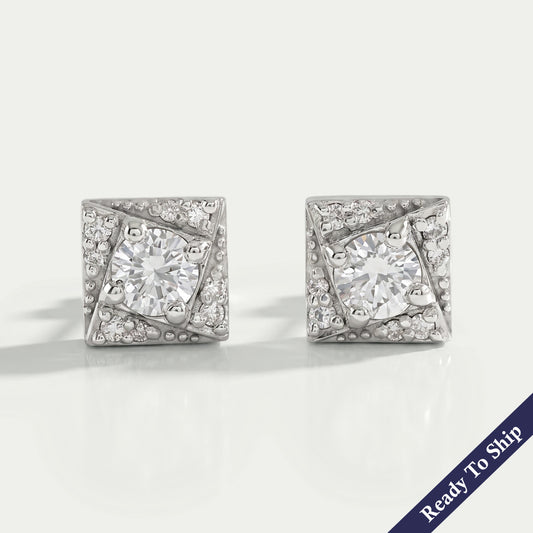Round Cut Lab Diamond Small Square Stud Earrings