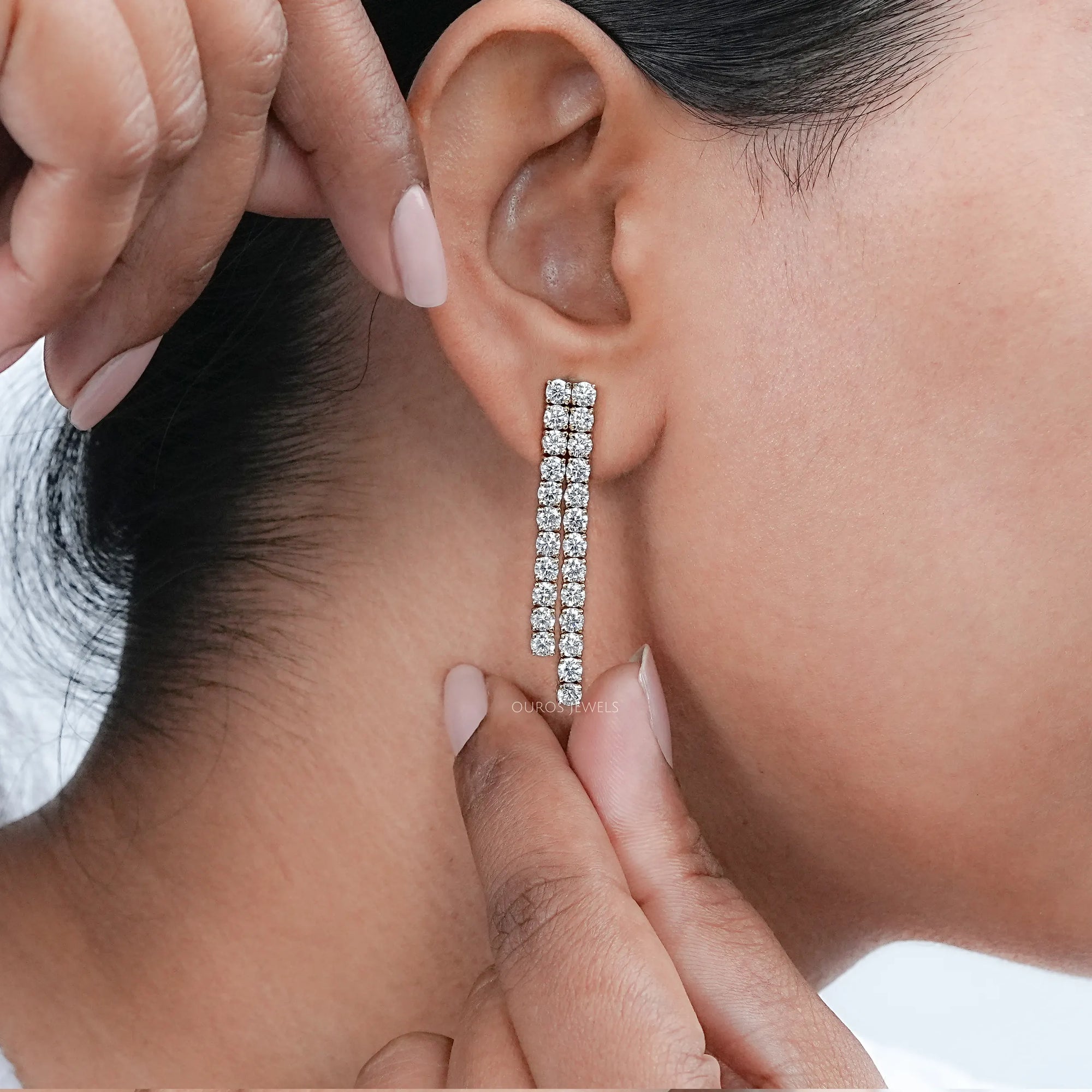 Round Diamond Double Row Drop Earrings