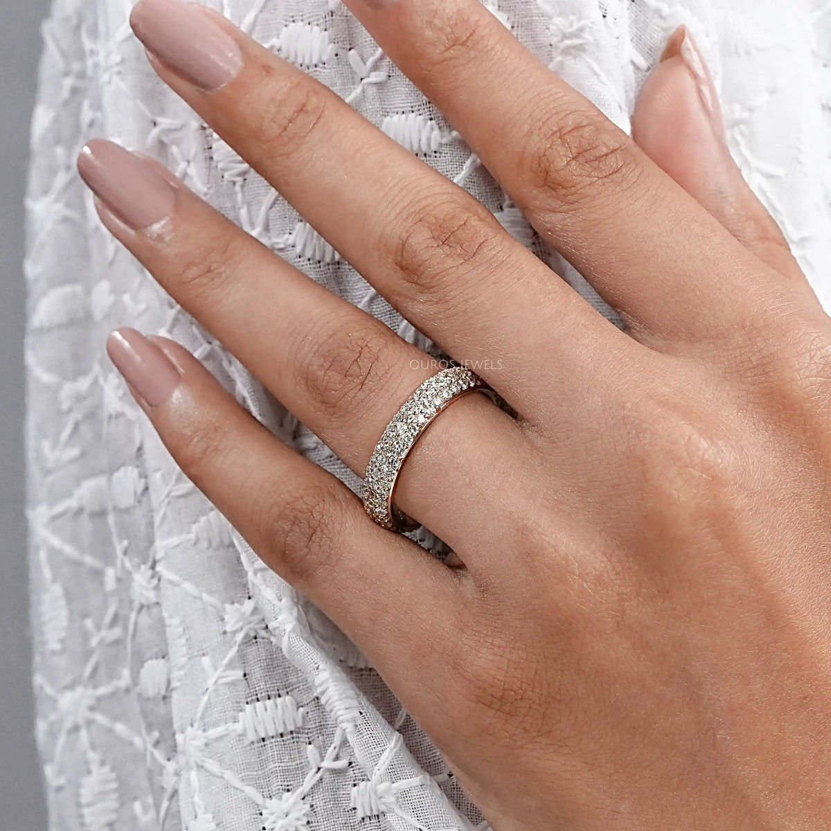 Round Cut Lab Diamond Pave Set Wedding Ring