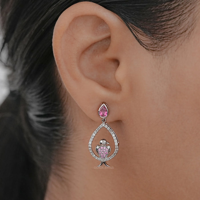 Bezel Set Pink Pear Cut Gemstone Dangle Bird Earrings