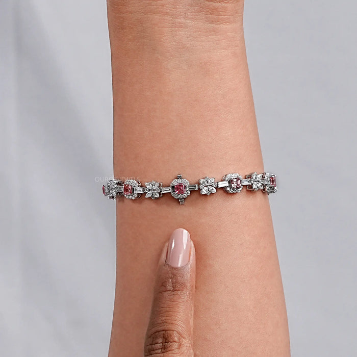 Pink Asscher and Pear Diamond Flower Bracelet