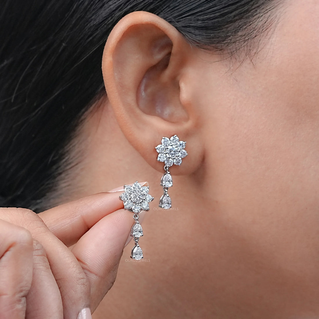 Round Diamond Halo Flower Drop Earrings Earrings