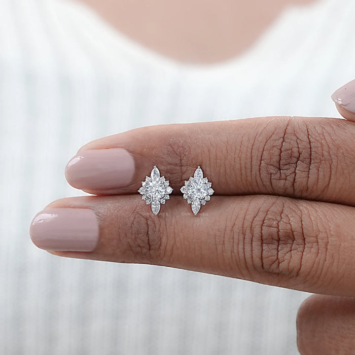 Round And Marquise Diamond Cluster Stud Earrings