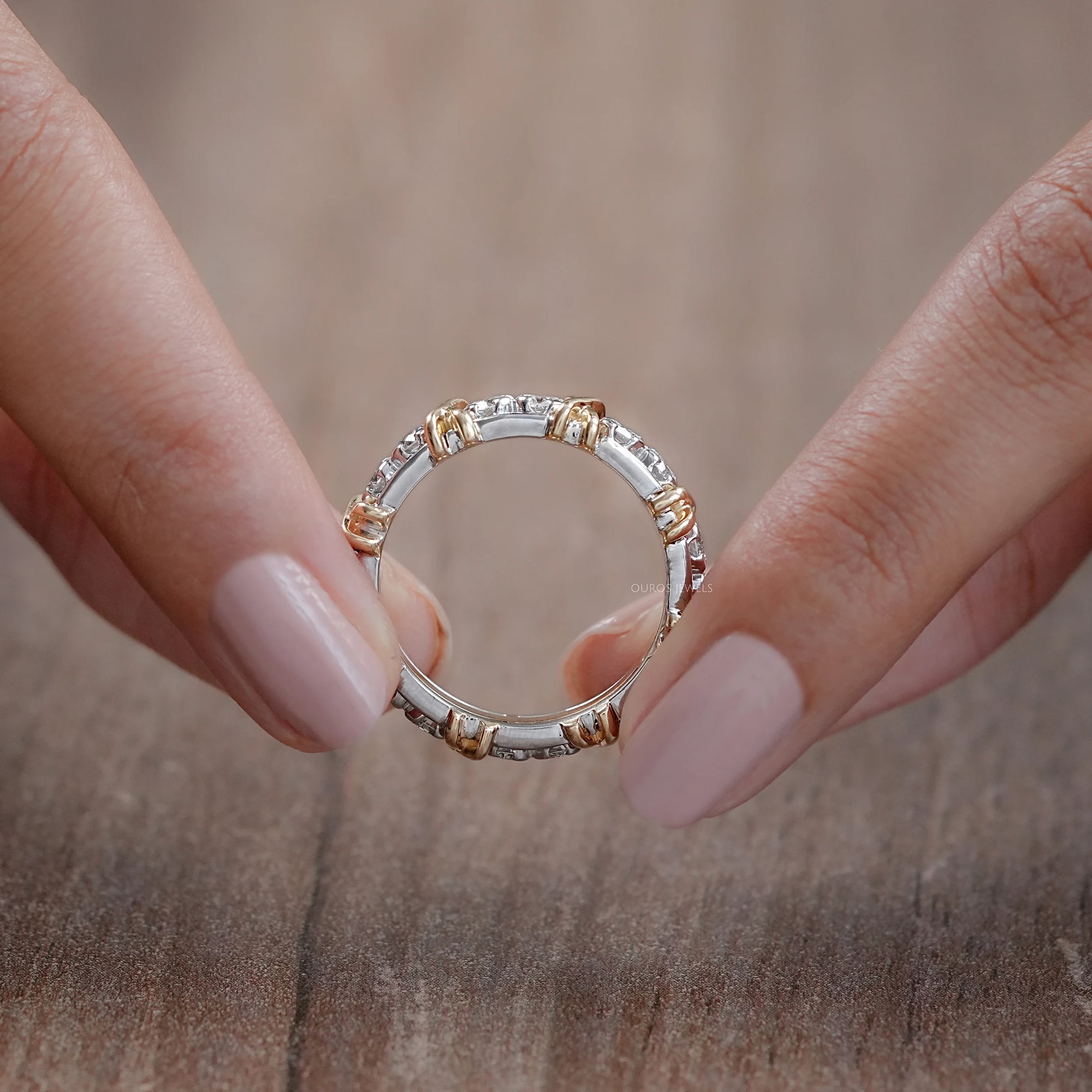 Two Tone Round Diamond Crossover Eternity Wedding Band Rings