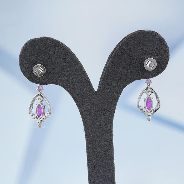 Pink Sapphire Marquise Cut Cluster Diamond Dangle Earrings