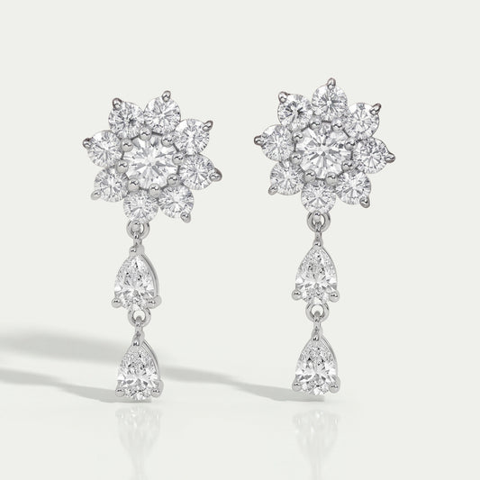 Round Diamond Halo Flower Drop Earrings Earrings