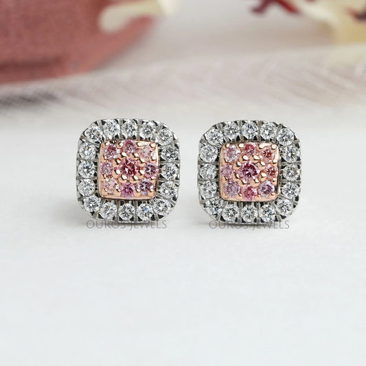 Pink Round Cut Lab Grown Diamond Halo Stud Earrings Earrings