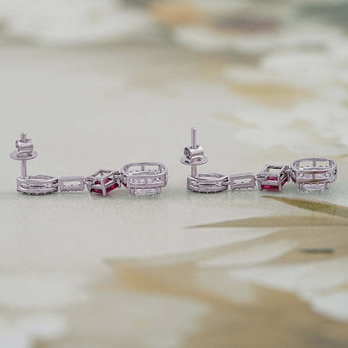 Ruby Princess Old Mine Cushion Cut Halo Dangle Earrings