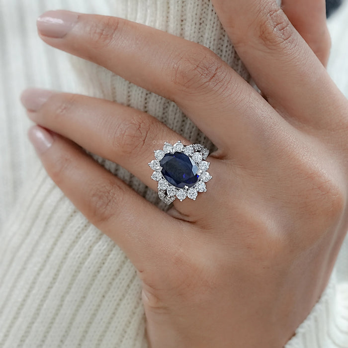 Sapphire Oval Gemstone Halo Split Shank Engagement Ring