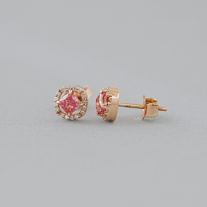 Pink Cushion Lab Created Diamond Halo Earrings