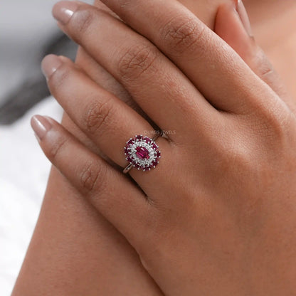 Round and Red Oval Diamond Double Halo Engagement Ring Ring