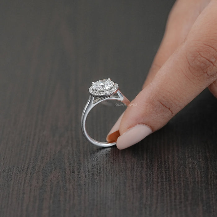 round brilliant cut lab diamond halo engagement ring's side view