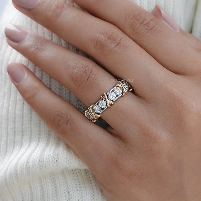 Two Tone Round Diamond Crossover Eternity Wedding Band