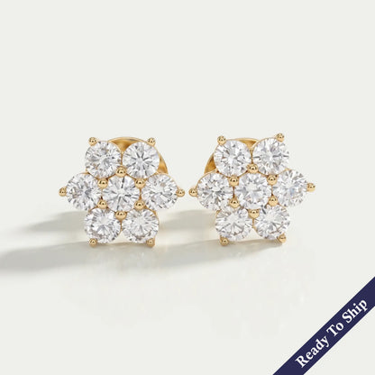 Round Diamond Floral Stud Earrings 