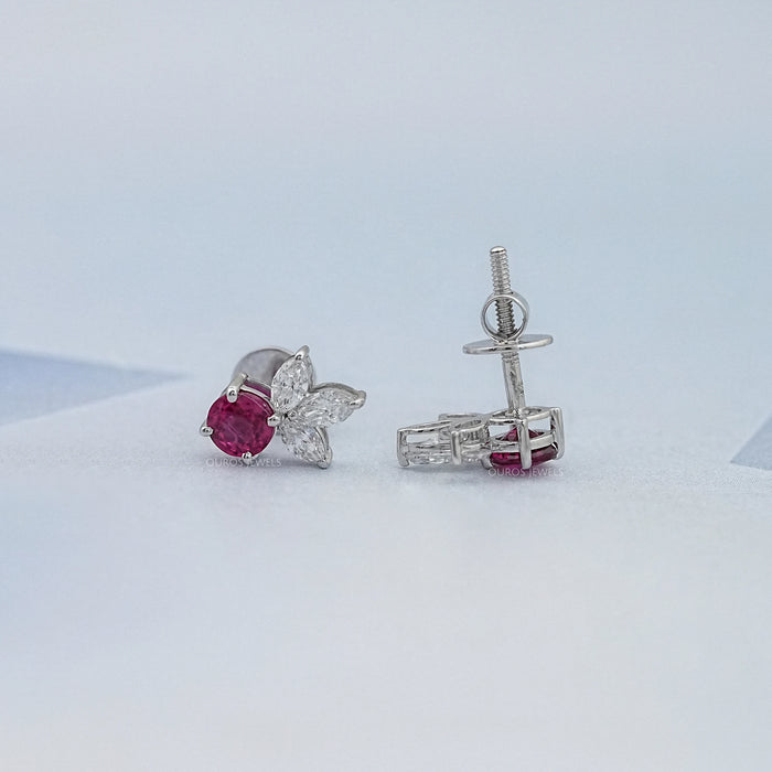 Ruby Round  And Marquise Lab Diamond Stud Earrings
