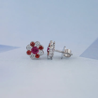 Ruby Round And Lab Diamond Bezel Set Floral Stud Earrings