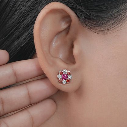 Ruby Round And Lab Diamond Bezel Set Floral Stud Earrings