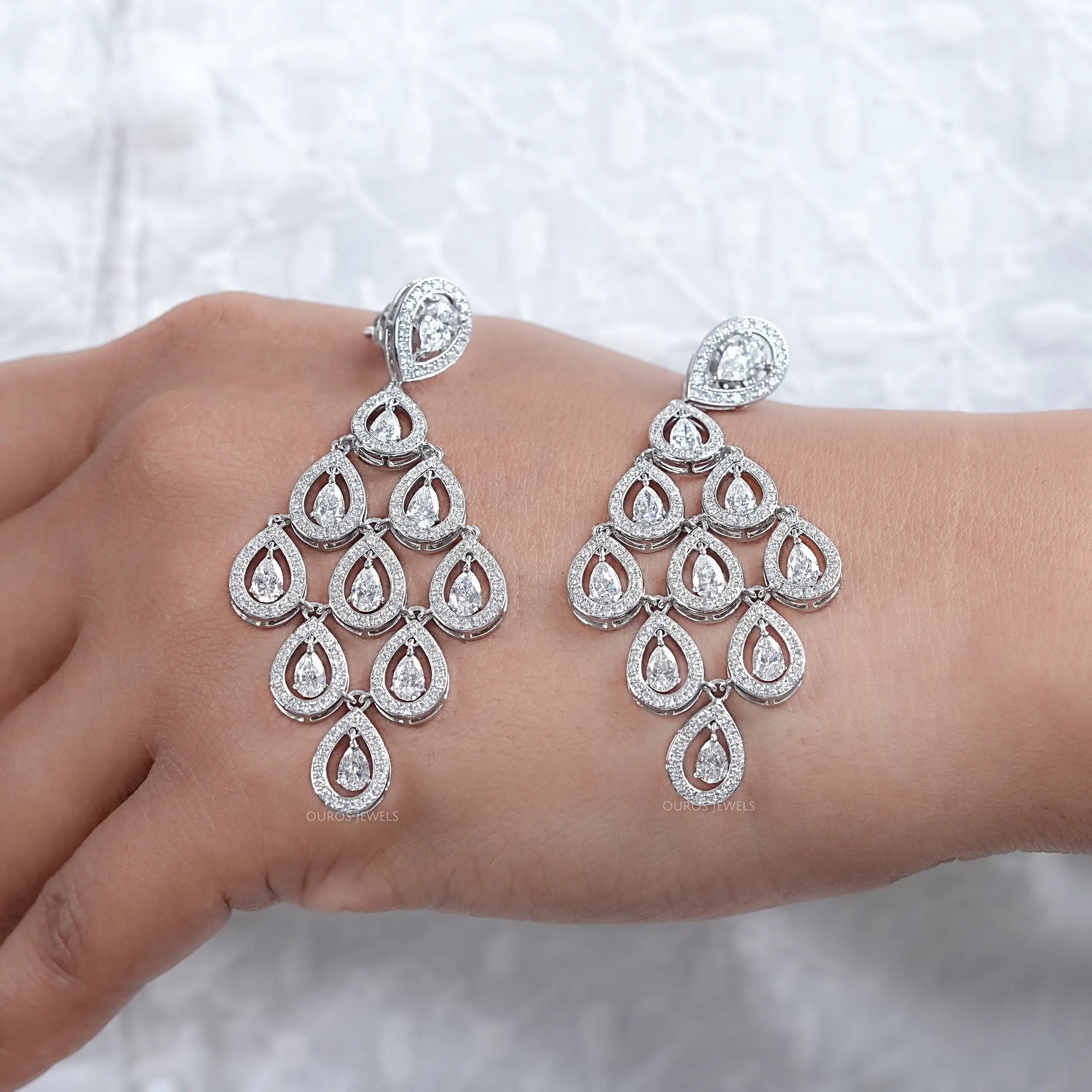 Pear Diamond Halo Set Dangle Chandelier Earrings