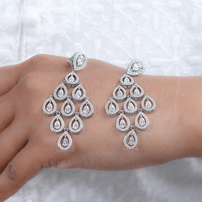 Pear Diamond Halo Set Dangle Chandelier Earrings