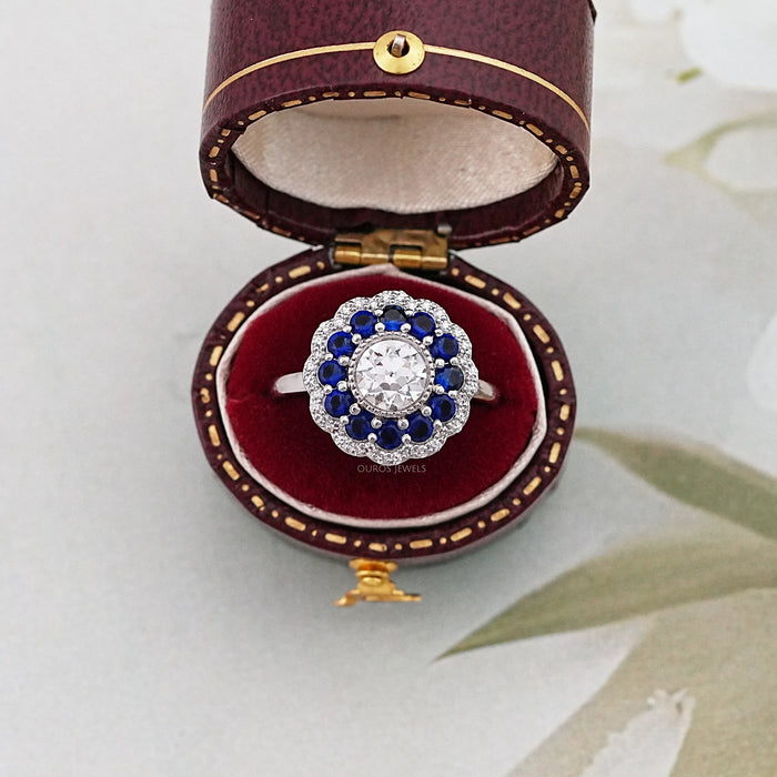Old European Round Cut Sapphire Halo Engagement Ring