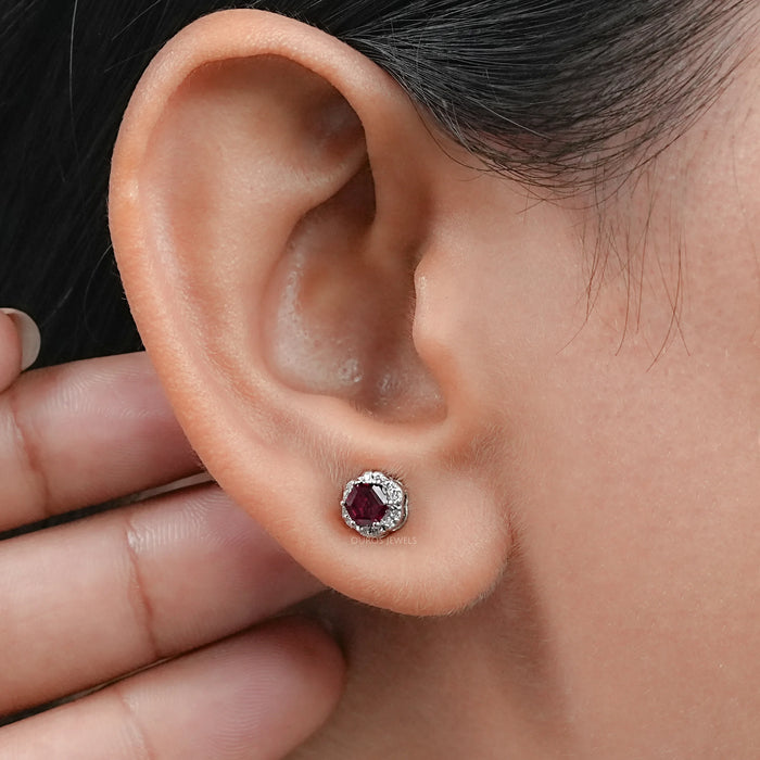 Hexagon Cut Red Ruby Gemstone Halo Stud Earrings