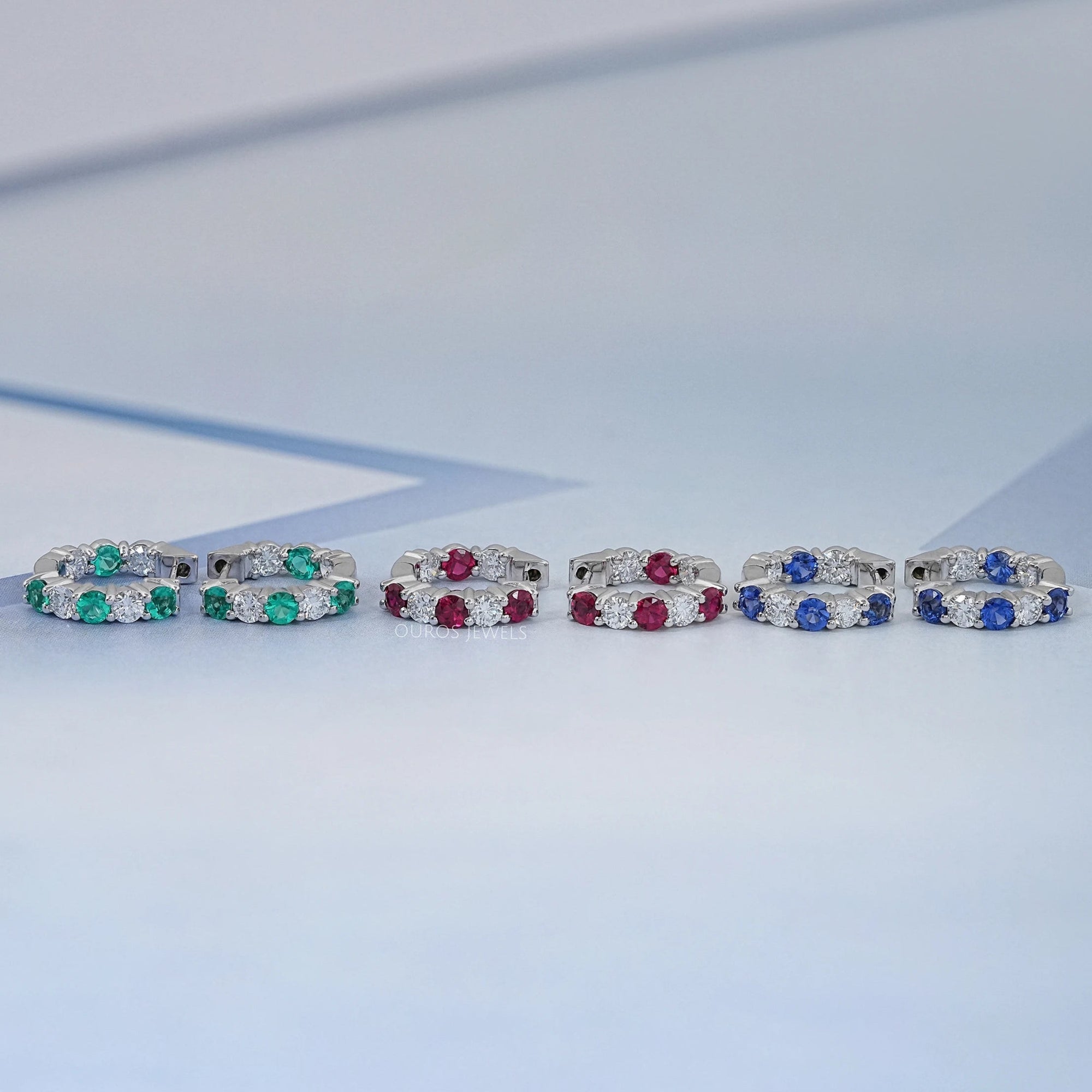 Multi Gemstone And Round Diamond In-Out Hoop Earrings