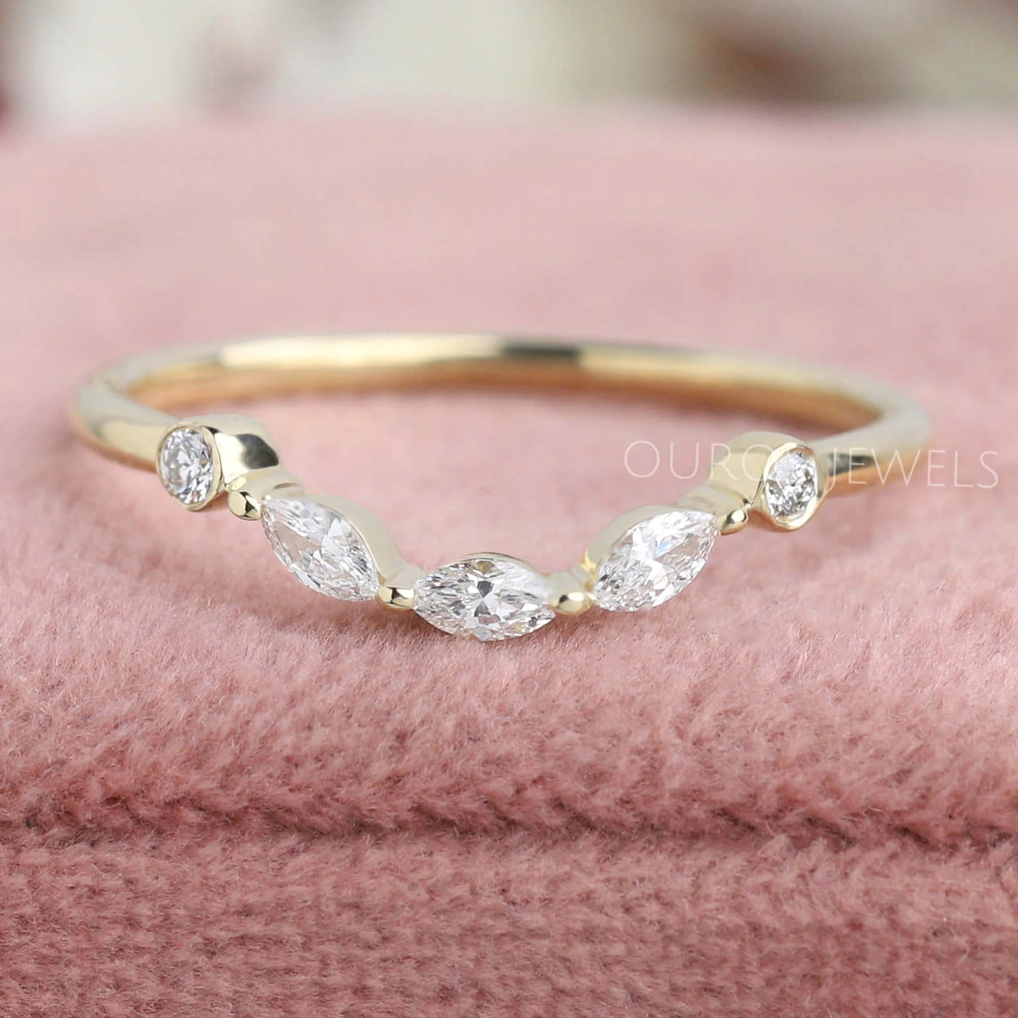 Round And Marquise Diamond Curved Wedding Band