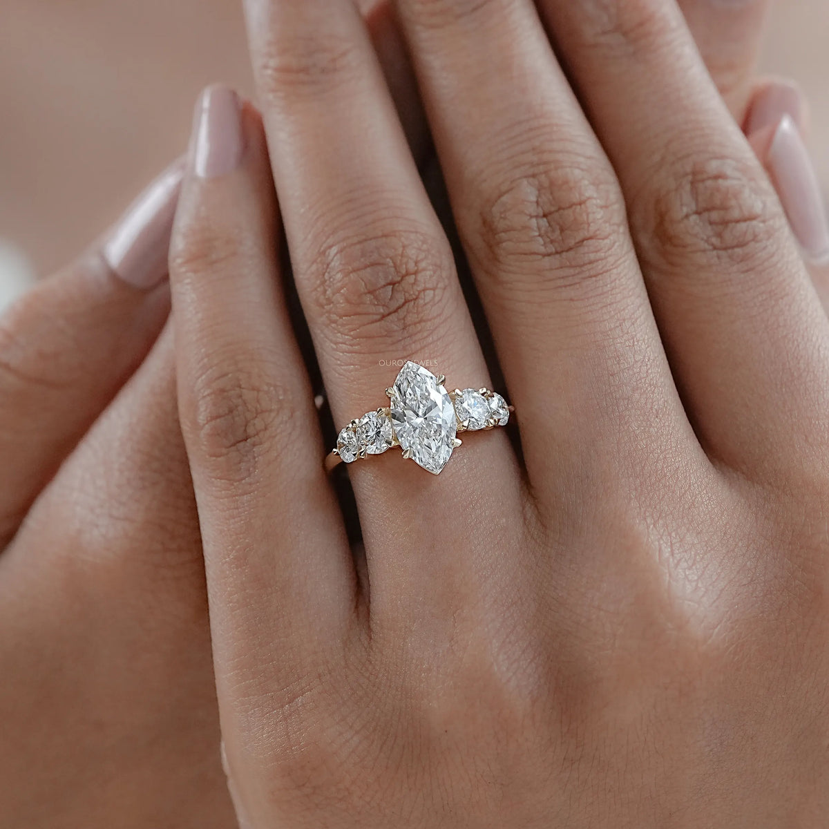 Marquise and Round Diamond Five Stone Engagement Ring Rings