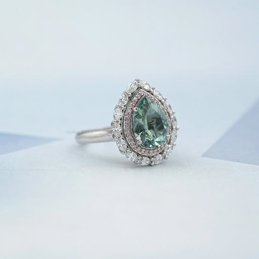 pear gemstone double halo aquamarine engagement ring's side view