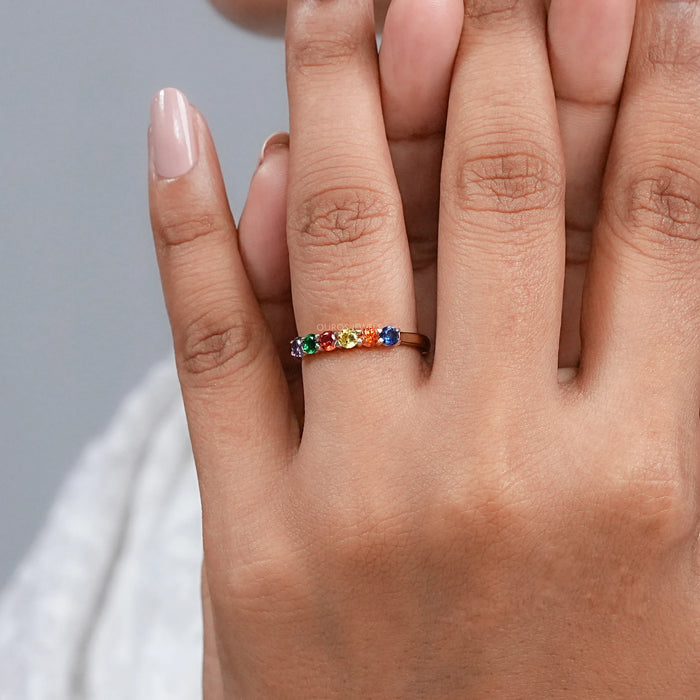 Rainbow Round Gemstone Dainty Wedding Ring