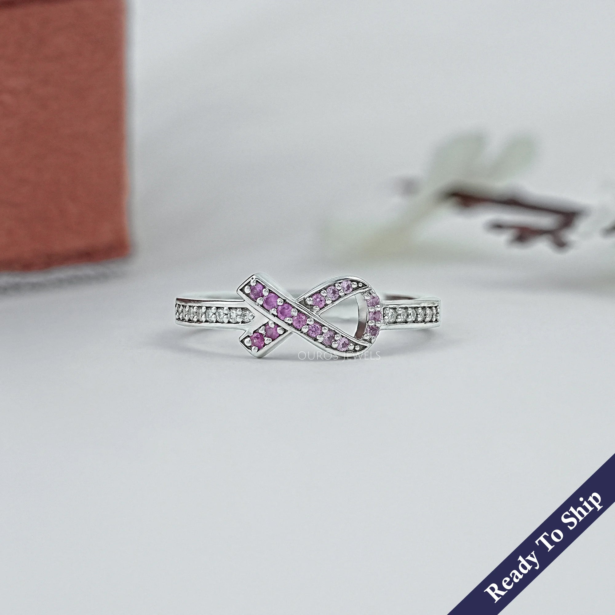 Round Pink Gemstone Cancer Ribbon Accent Ring Ring