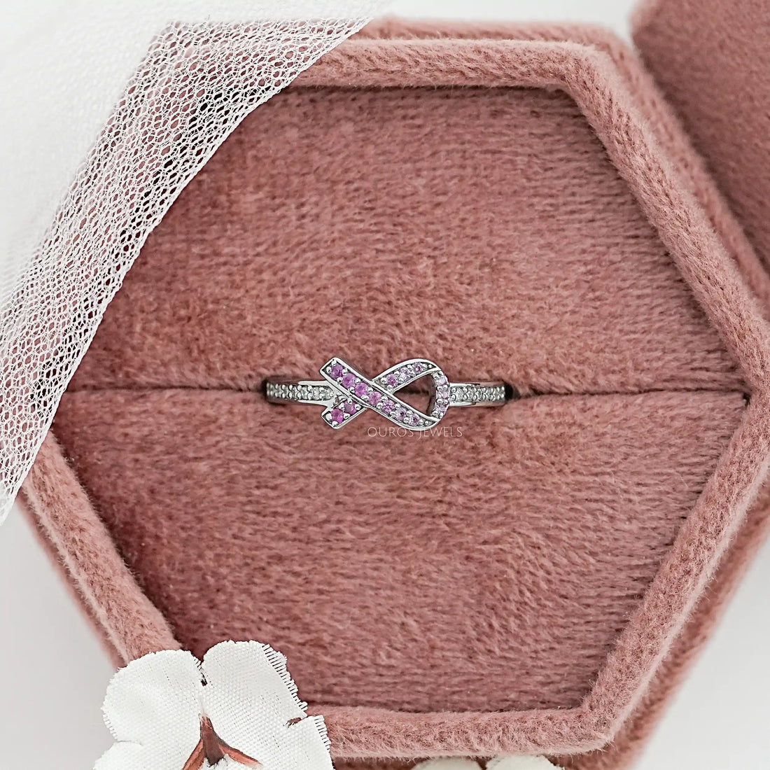 Round Pink Gemstone Cancer Ribbon Accent Ring Ring