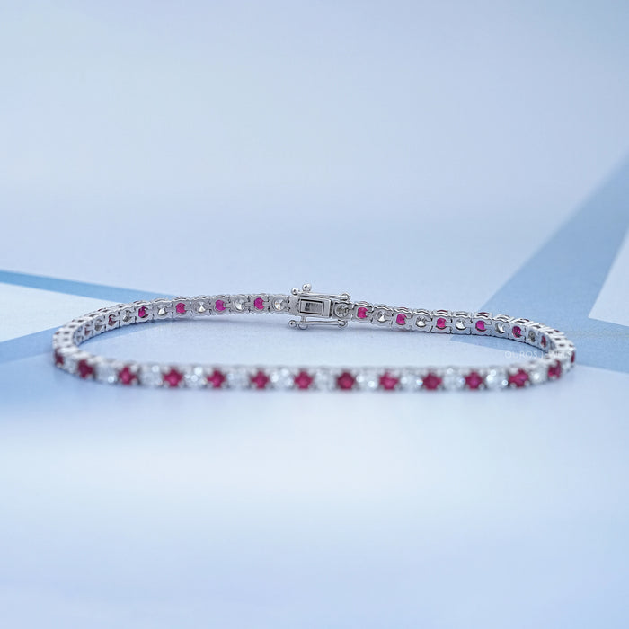 Ruby Round Gemstone And Lab Diamond Tennis Bracelet