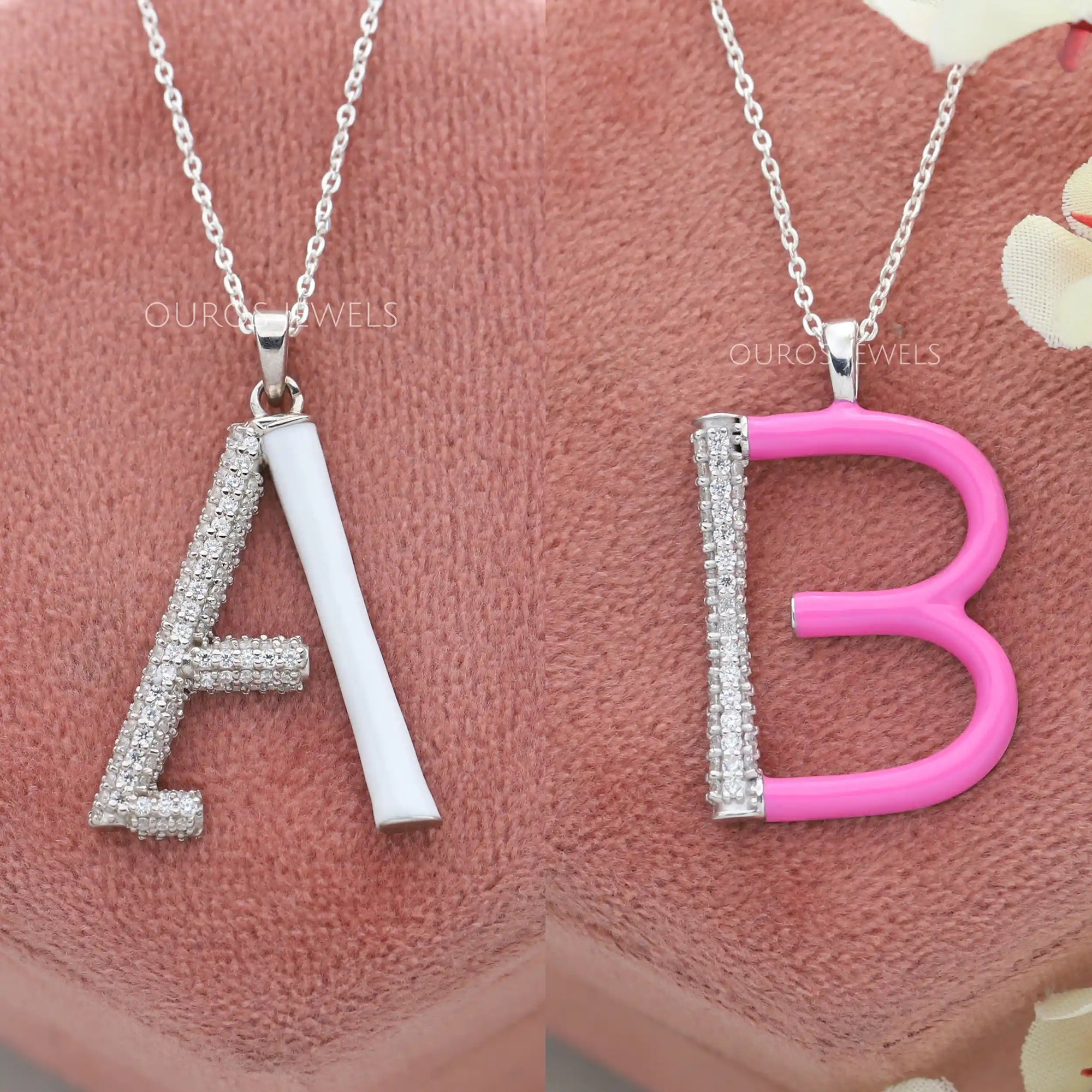 Round Diamond Enamel Letter Pendants Necklaces