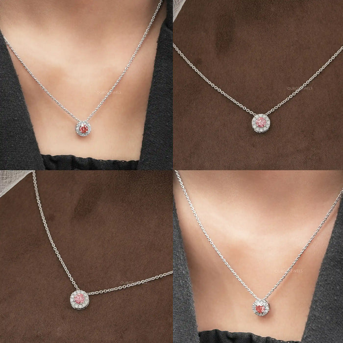 Pink Round Tourmaline & Diamond Halo Pendant