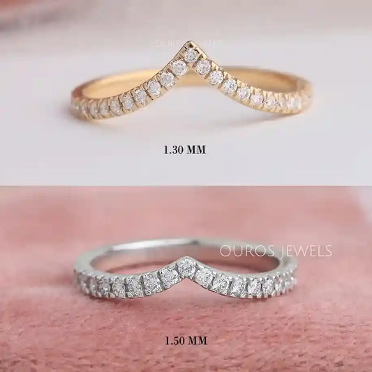 V Shape Curved Round Diamond Wedding Band Rings